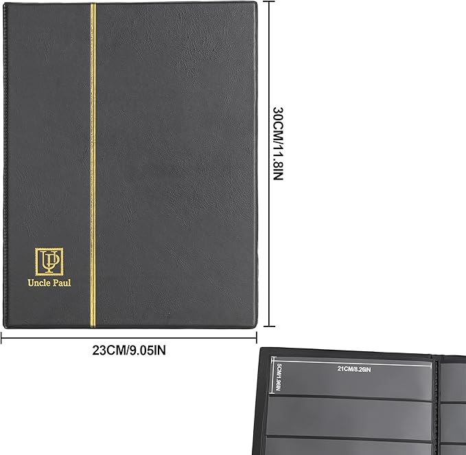 Stamp Albums 100 Pockets - Stockbooks with 50x197mm Sleeves, 10 Double Sided Black Page with Leatherette Padded Black Cover, Collection Storage Folder for Paper Money Postage Stamps AS0105BK