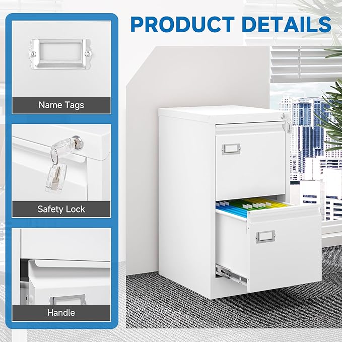BYNSOE 2 Drawer File Cabinet with Lock Metal Vertical Filing Storage Cabinet Office Home Steel Vertical File Cabinets for A4 Legal/Letter Size Narrow File Cabinet Locked,Assembly Required