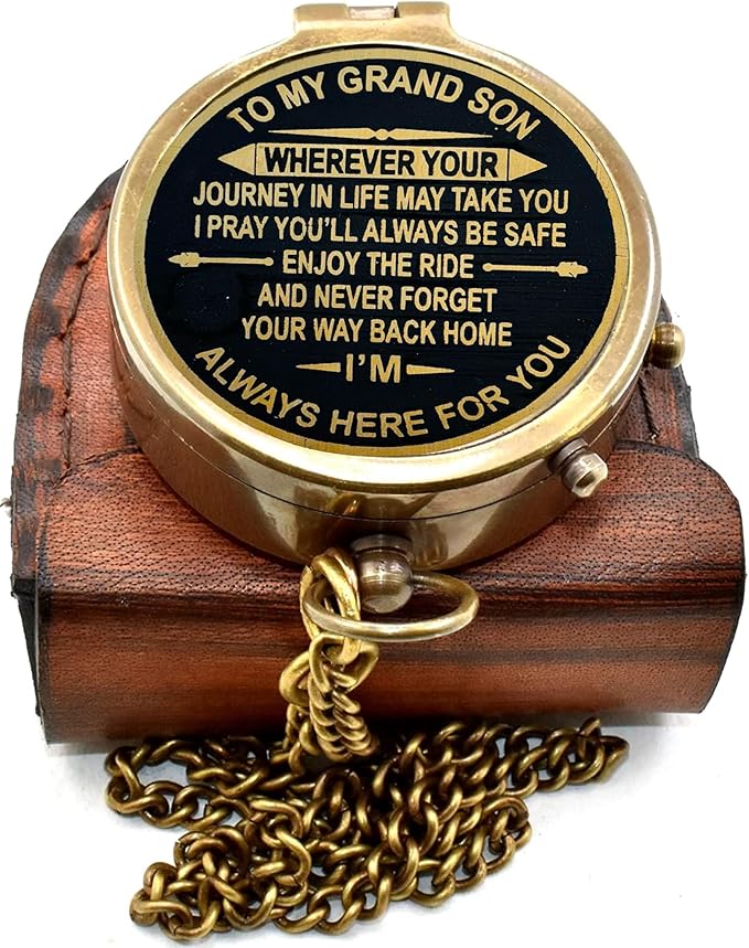 Vintage Brass Pocket Compass Gift for Grandson “to My Grandson” Engraved Compass with Leather Case & Chain | Meaningful Keepsake for Grandson | Birthday Gift | Graduation Day Gifts
