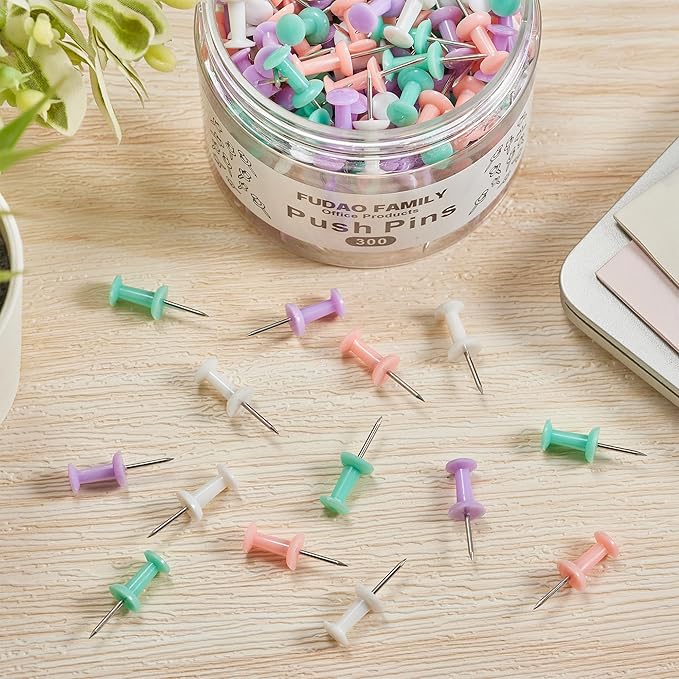 FUDAO FAMILY 300pcs Push Pins for Bulletin Board, Thumb Tacks for Wall Corkboard, Map Pins - Home Office School Craft Projects Plastic Head Steel Push Pin (Multi Color)