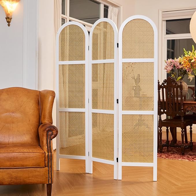 Svimi Room Dividers and Folding Privacy Screens, Pine Wood 5.6 Ft Double Hinged Rattan Partition Freestanding Wall Room Divider for Home - 3 Panels (White)