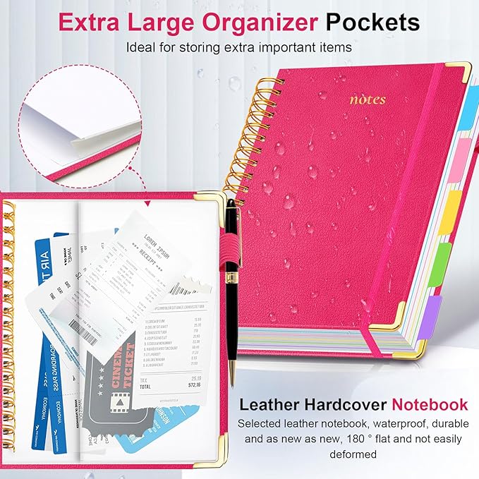Hardcover Spiral Notebook 6.2"x 8.2" Journal Notebook with Tabs and Removable Dividers 300 Pages 5 Subject Notebook College Ruled, Faux Leather Spiral Bound Notebook for Women School Work(Rose Red)