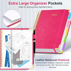 Hardcover Spiral Notebook 8"x10" Journal Notebook with Tabs and Removable Dividers 300 Pages 5 Subject Notebook College Ruled, Faux Leather Spiral Bound Notebook for Women School Work (Rose Red)