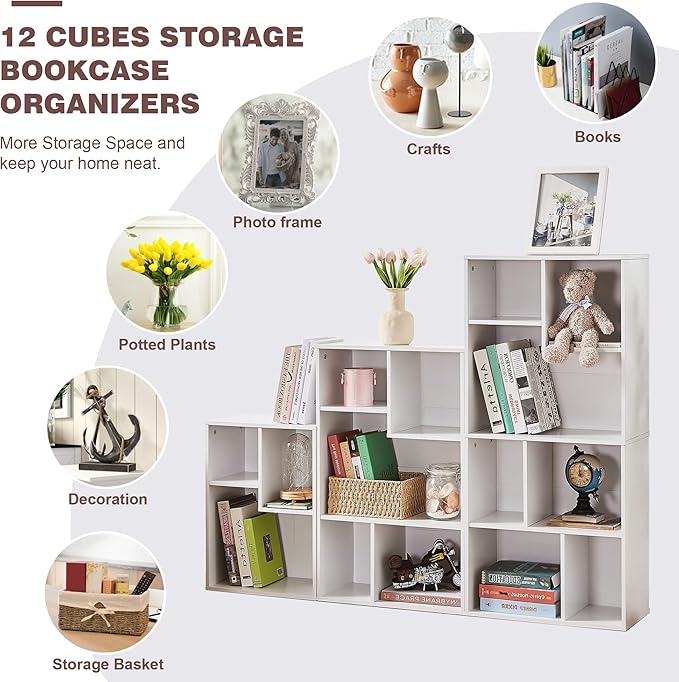 VECELO Wide Bookshelf Set, Fits 9.3" × 10-12.8" Hardcovers, Cube Storage Bookcases, Free-Standing for Living Room, Bedroom, Home Office, 2/3/4-Tier, 3-Pack, White