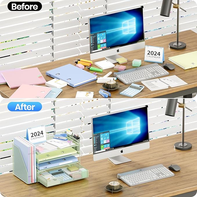 OPNICE Desk Organizer, 4-Tier Desktop File Organizer with Drawer and 2 Pen Holders, Office Desk Accessories, File Sorters, Workspace Organizers for Office Supplies(Green)