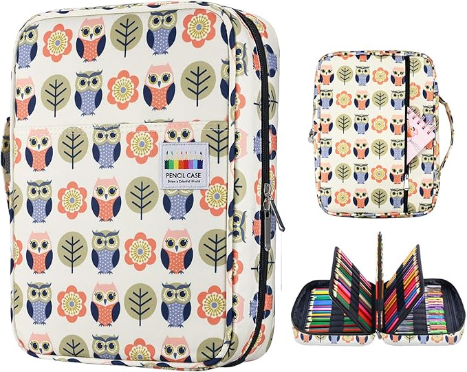 YOUSHARES Colored Pencil Case 220 Slots Pen Case Organizer With Handy Wrap & Zipper, Multilayer Holder for Prismacolor Colored Pencils & Gel Pen (Cartoon Owl)