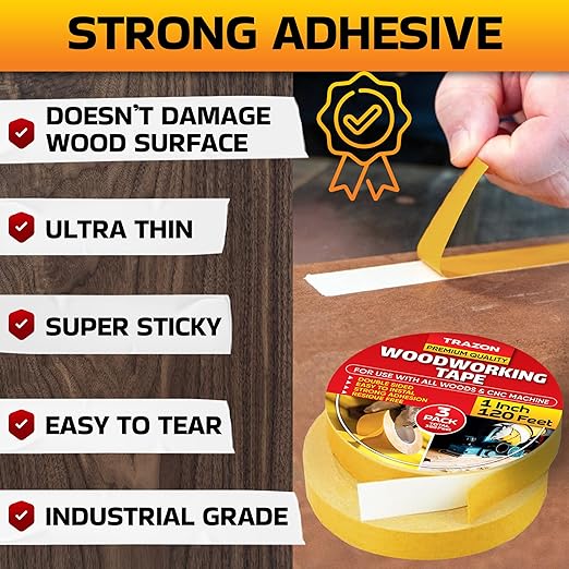 Trazon Double Sided Woodworking Tape Super Strong, 3 Pack, 1 Inch x 120 Feet, Wood Crafter Sticky Tool, Two Side Adhesive for Router Templates and CNC Machine, Removable & Residue Free