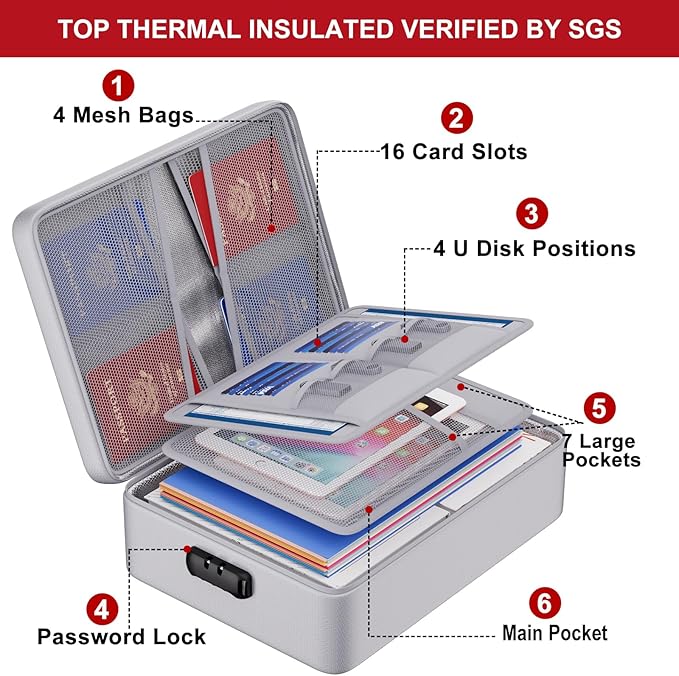 ENGPOW 5200°F Fireproof Document Bag with Lock, Upgraded Heat Insulated Fireproof＆Waterproof Box 8 Layers Document Organizer, Portable Home Travel Safe Storage Box for Important Files, Laptop, Silver