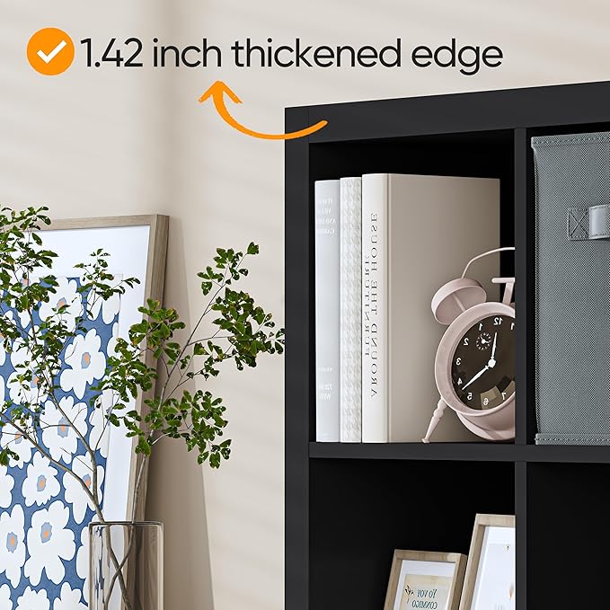 furtble Bookshelf with Storage Bins, 8-Cube Storage Organizer, Modern Wood Open Bookcase, Multifunctional Display Shelf for Living Room, Bedroom, Home Office, Matte Black