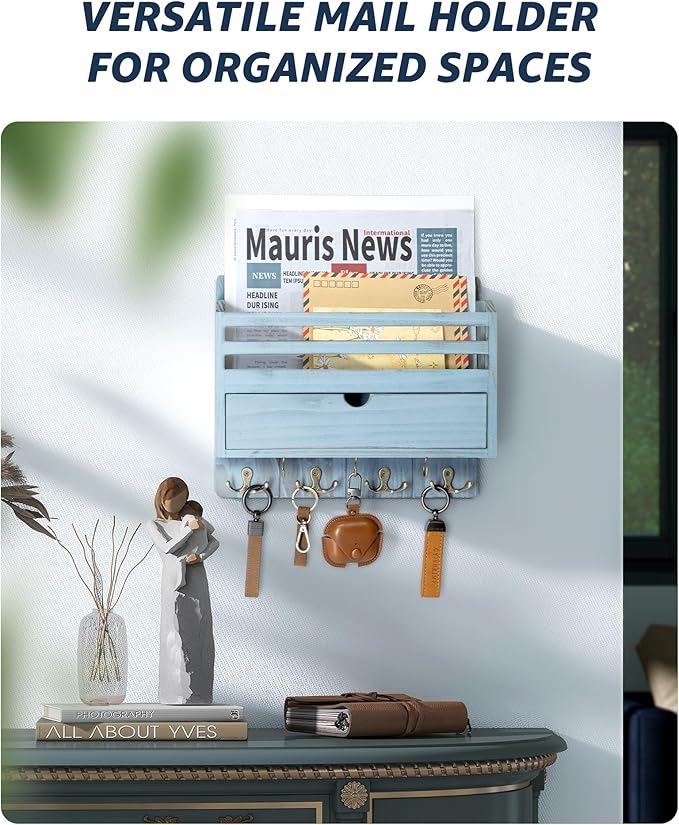 Rebee Vision Rustic Mail Organizer Wall Mounted with Drawer Organizer – Farmhouse Key and Mail Holder for Wall with 7 Key Hooks – Home Essentials for Room Decor Aesthetic (Distressed Blue)