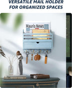 Rebee Vision Rustic Mail Organizer Wall Mounted with Drawer Organizer – Farmhouse Key and Mail Holder for Wall with 7 Key Hooks – Home Essentials for Room Decor Aesthetic (Distressed Blue)