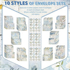 TaoBary 160 Pcs Stationery Paper Set 50 Double Sided Stationery Papers with 50 Matching Envelopes and 60 Round Dot Sticker, 10 Design (Serenity Junk,8.25 x 5.5 Inch)