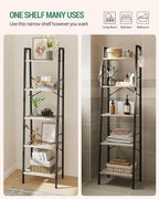 Hzuaneri Ladder Shelf, Bookshelf Bookcase, Freestanding Corner Storage Shelve with 2 Hooks for Home Office, Living Room, Kitchen, Bedroom, Industrial, 11.8" D x 17.3" W x 63" H, Greige BC19205B