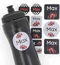 Large Name Labels for Kids (33) - Custom Stickers for Daycare and School Supplies - Durable, Waterproof Stickers for Water Bottles, Lunch Boxes, and More with Unique Designs - Race Car