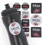 Large Name Labels for Kids (33) - Custom Stickers for Daycare and School Supplies - Durable, Waterproof Stickers for Water Bottles, Lunch Boxes, and More with Unique Designs - Race Car