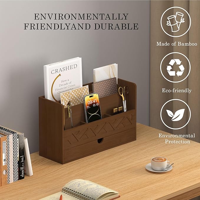 Bamboo Mail Organizer Countertop Desktop With Drawer - All-in-One Desk File Organizer for Office Supplies Storage With Pencil Holder (Walnut)
