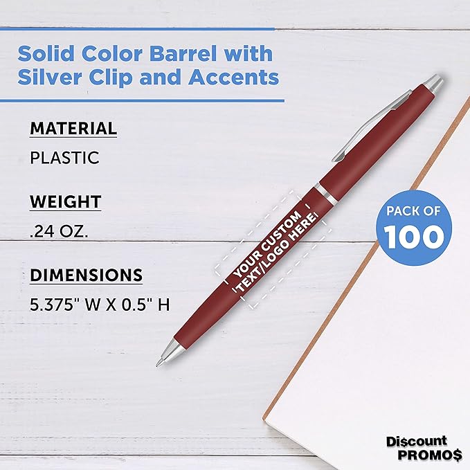 DISCOUNT PROMOS Custom Langham Ballpoint Pens Set of 100, Personalized Bulk Pack - Black Ink, Great for Office, School, Business, Tradeshows - Burgundy