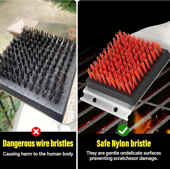 XUDAKAIXIN Nylon Grill Brush,Dual Grip Design,with Extended Luxurious Acaciawood Handle,Safe Nylon Bristles Barbecue Triple Scrubbers Cleaning Brush for Cast Iron Grates/Porcelain/Charcoal Grill
