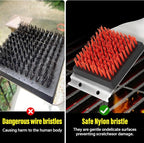 XUDAKAIXIN Nylon Grill Brush,Dual Grip Design,with Extended Luxurious Acaciawood Handle,Safe Nylon Bristles Barbecue Triple Scrubbers Cleaning Brush for Cast Iron Grates/Porcelain/Charcoal Grill
