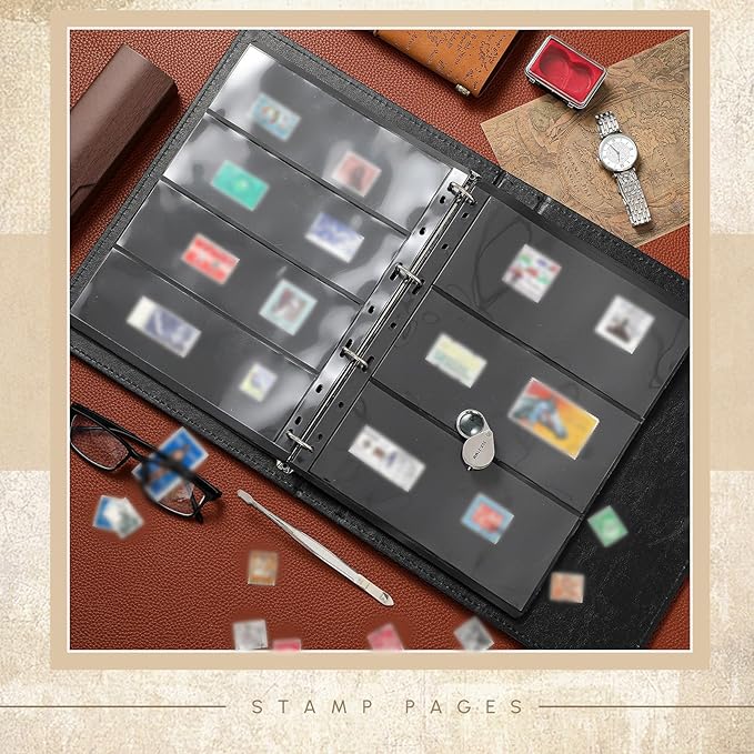 Lewtemi Stamp Collecting Albums Set Stamp Collection Book Include 20 Pages Album Binder Tweezer and Loop Magnifier Collecting Supplies for Collectors(Black,1/2/3/4 Rows)