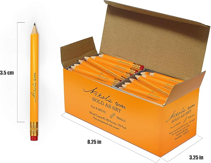 Nikola Works Mini Golf Pencils With Erasers - 384 Count - Classic Pre-Sharpened #2 HB American Pew Pencils Standard Hex Shaped Bulk Pack