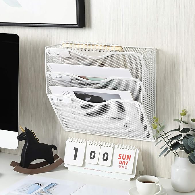 EasyPAG 3 Pocket Mesh Wall File Organizer, Hanging Paper Folder Holder with Classify Label, Vertical Wall Mount Mail Organizer for Office Home Classroom, White