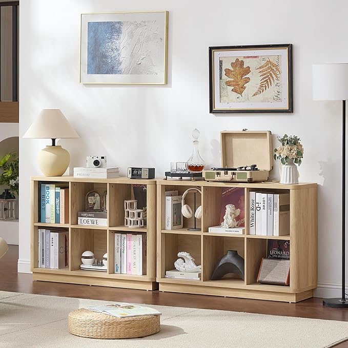 Joaxswe 6 Cube Storage Book Shelf, 40" Wide Low Horizontal Bookcase with Curved Edge, Floor Standing 2-Tier Wooden Bookshelf with Base, Modern Short Book Case for Bedroom, Study, Entryway, Natural Oak