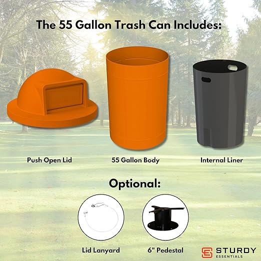 Sturdy Essentials Campus Collection 55 Gallon Round 100% Recycled Plastic Heavy Duty Indoor or Outdoor Trash Can with Push Open Dome Lid and Internal Liner | Great for Schools and Businesses - Orange