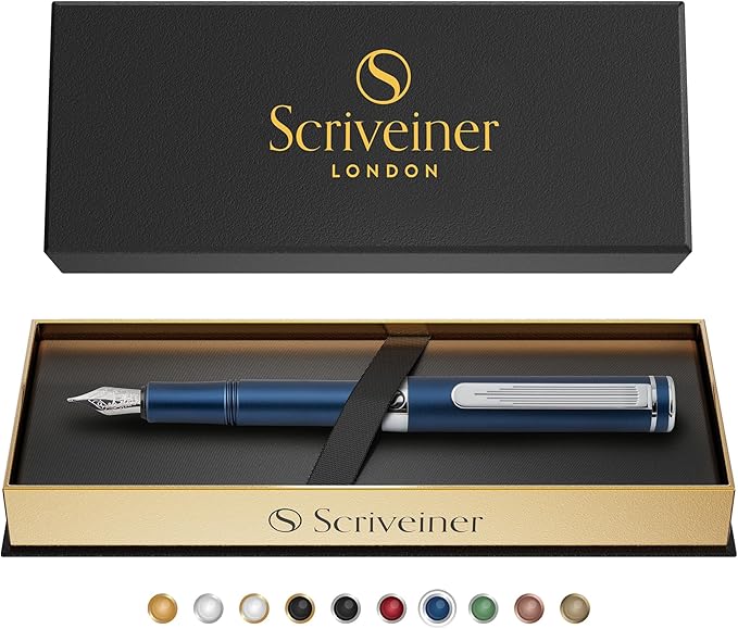 Scriveiner Luxury EDC Fountain Pen (Medium), Stunning Matt Blue Pocket Pen, Chrome Finish, Schmidt German Nib, Converter, Best Writing Pen Gift Set for Men & Women, Nice Fancy Office Designer Pen