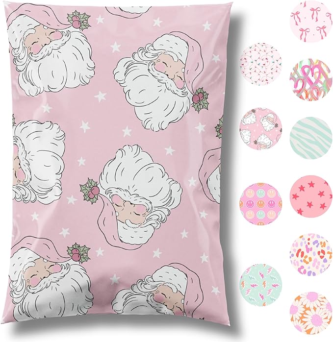 Pretty Package Store 10x13 Designer Christmas Holiday Poly Mailer 100 Pack Heavy Duty Waterproof Self Seal Shipping Bags Large Mailing Envelopes Bulk Tear Resistant Cute Packaging Pink Santa