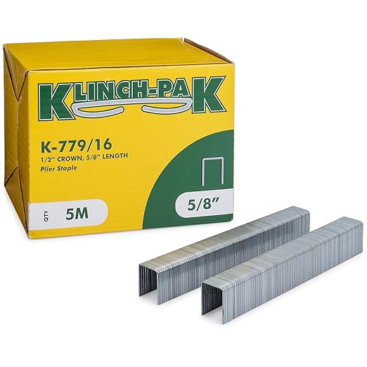 Klinch-Pak K-779/16, 5/8” Leg Length by 1/2" Wide Crown Heavy-Duty Galvanized Plier Staples, 5000 Per Package, Similar to JK779 Staples, for stapling Trays, Lids, Header Cards, Fastening End Caps