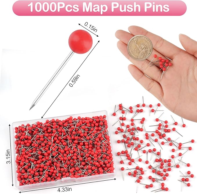 1000 Pcs Multi-Color Push Pins, Map Pins for Travel Map, Small Map Tacks with Plastic Beads Head for Cork Board (Red, 1/8 ")
