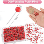 1000 Pcs Multi-Color Push Pins, Map Pins for Travel Map, Small Map Tacks with Plastic Beads Head for Cork Board (Red, 1/8 ")