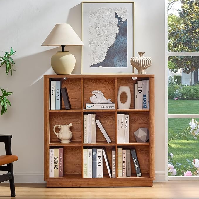 Joaxswe 9 Cube Storage Book Shelf, 41" Tall Organizer Bookshelf with Curved Edge, Wood Floor Standing 3-Tier Cubby Bookcase with Base, Country Rustic Display Book Case for Library, Office, Brown