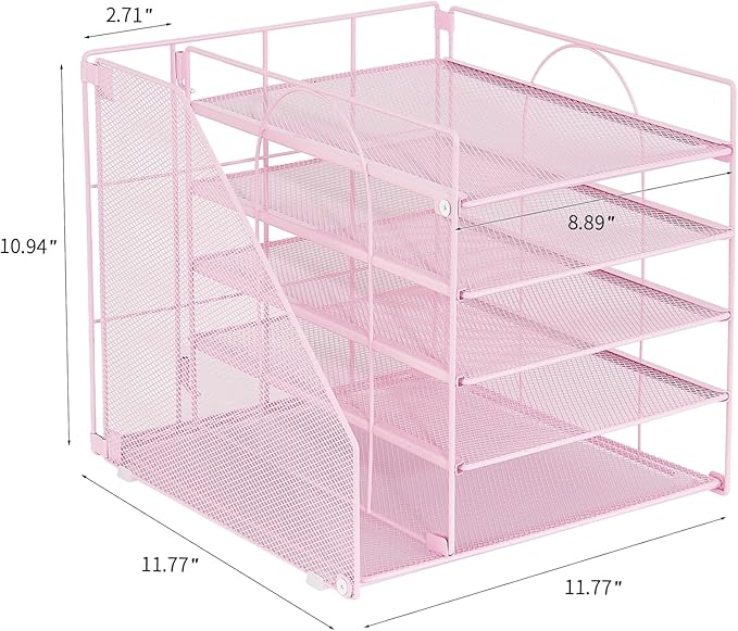 LEKETREE Desk Organizers and Accessories, 5-Tier Paper Letter Tray Organizer with File Holder, Desktop Organizer for Office Supplies (Pink)