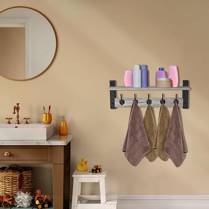 Sorbus Coat Hooks Wall Mount with Shelf – 24 Inch Coat Rack Wall Mount with 5 Heavy Duty Hooks – Floating Wall Shelf with Hooks for Entryway, Bathroom, Bedroom, Kitchen, or Mudroom (Gray)