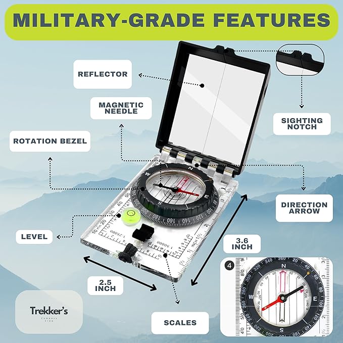 Trekker's Compass Crew Professional Military Lensatic Compass with Mirror, High-Precision Dial, Built-in Magnifier, Luminous Display for Hiking, Camping, Orienteering