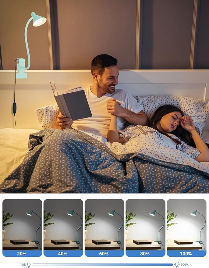 LiFMIRA Reading Light for Bed, Clip-on Desk Lamp with Flexible Neck, 3 Color Modes & 10 Dimmable Brightness, Teal