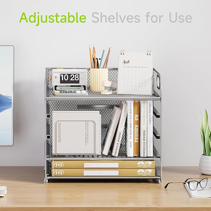 Cawukege 5 Tier Paper Organizer with Handle, Metal Mesh Desk Organizer File Folder Paper Letter Tray Desktop Document Sorter for Classroom, School, Office Accessories Organization and Storage - Silver