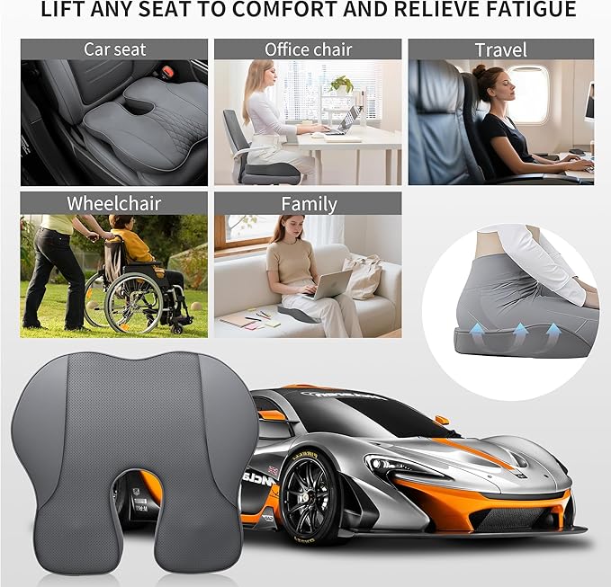 EARJIA Memory Foam Seat Cushion for Office Chair Seat Cushions for Long Sitting Tailbone Pain Relief Anti-Slip Bottom & Removable Leather Cover for Car Gaming Work