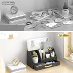 Wisuce Essentials Bamboo Desk Organizer with Drawers, Mail Organizer Countertop Wood Desk Drawer Tabletop Storage Organization Pen Holder Letter Sorter Makeup Organizer for School Home Office (Black)