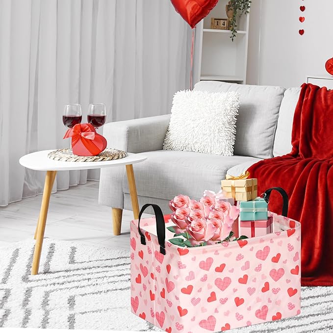 FUULOXE Rectangular Valentines Basket Storage Bin for Shelves Girls Gifts Baskets Foldable Box with Handles for Home Office Car Dormroom Valentine's Day Party Supplies