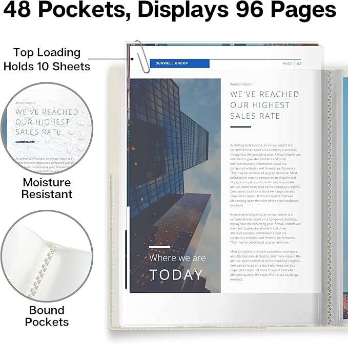 Dunwell Presentation Binder 48-Pocket, Displays 96 Pages, 8.5x11 Portfolio Binder with Plastic Sleeves, Storage and Organizer for Documents, Photos, Kids Artwork, Projects, Recipes (Ivory)