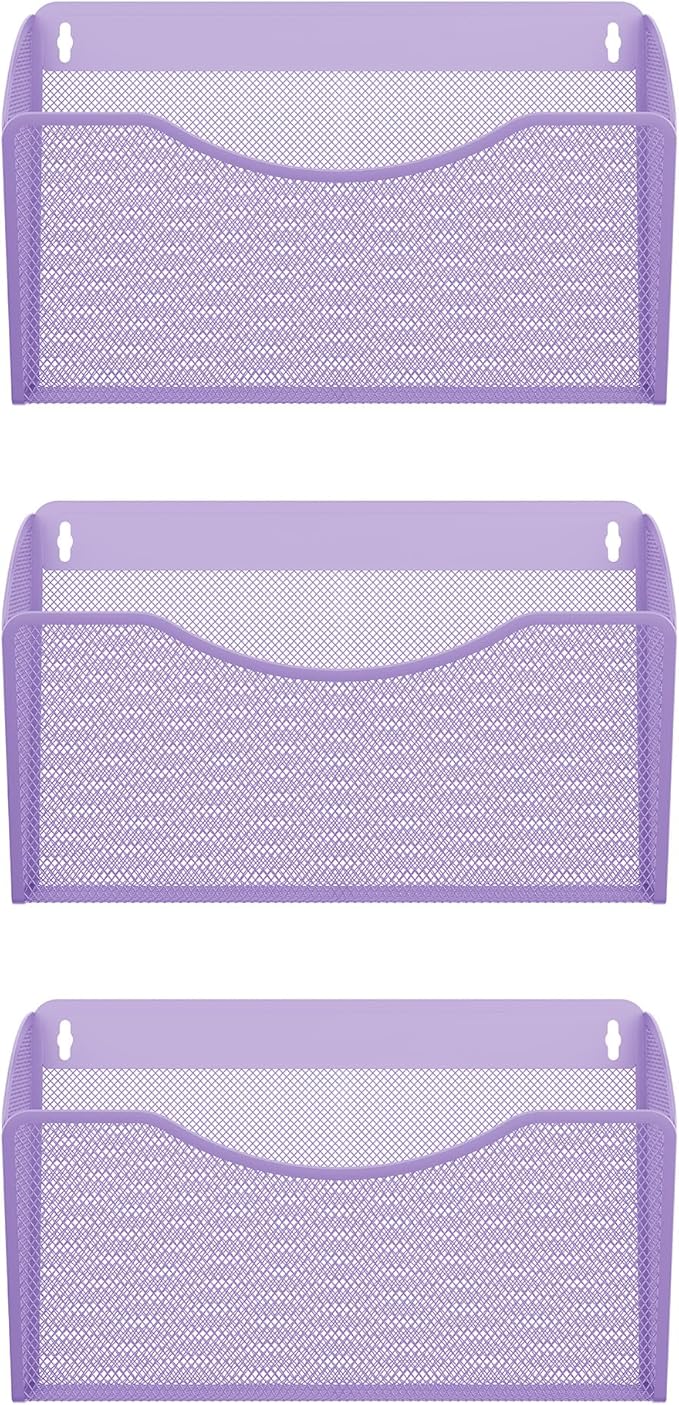 EasyPAG Single Pocket Wall File Organizer, Mesh Hanging File Folder Organizer for Letter/A4 Size Folders, Wall Mounted Vertical Mail Holder for Paperwork, Office, Home, School, Purple