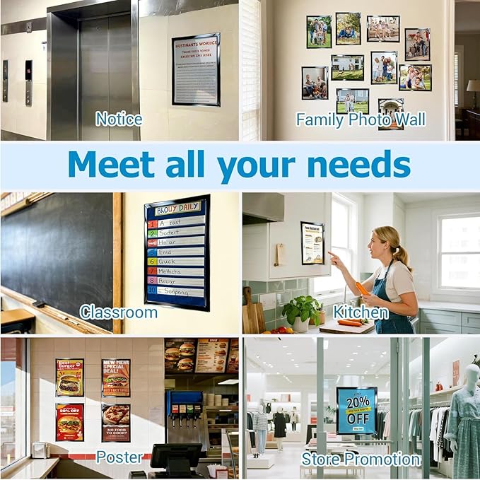 Magnetic Sign Holders 8.5 x 11 in, 8 Pack Clear Display Frames with Strong Magnetic Border, Self-Adhesive for Smooth Surfaces, Wall Mount Tool-Free Document & Poster Holder for Menus, Notices, Photos