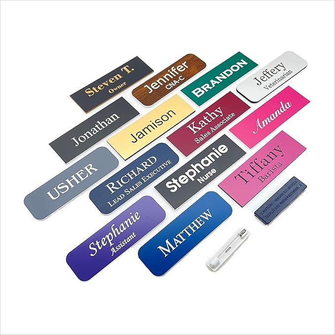 Custom Engraved Name Badges with Pin or Magnet Backing, 1" x 3" - Personalized Acrylic Name Tag with 15 Font Options and 21 Color Options - 1 Tag