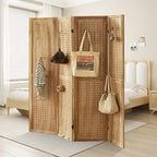 Aleesing 4 Panel Pegboard Display with 16 Hooks, Wooden Room Divider Wall and Folding Privacy Screens, Partition Room dividers, Pegboard Room Divider, Jewelry Store, Bedroom, Balcony, Light Brown