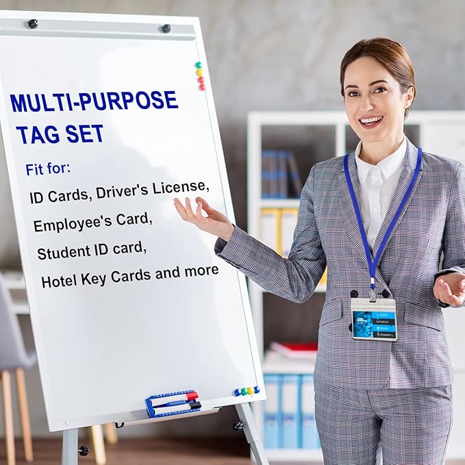 Marspark 50 Sets Clear Name Tags with Lanyard, Lanyards for ID Badges Reusable Strap with ID Holder Plastic Name Badges for Adults Business School Church Conference (Blue)