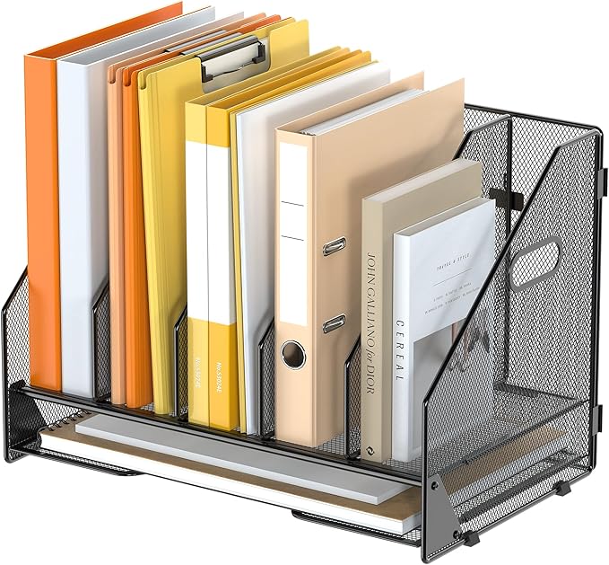 OrgMate Desk File Folder Holder Organizer-5 Vertical Compartments Racks and Paper Letter Tray,Mesh Magazine File Holder Sorter,Desktop Accessories & Workspace Organizers for Home,Office,School-Black
