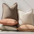 Foindtower Set of 2 Decorative Linen Fringe Throw Pillow Covers Cozy Boho Farmhouse Cushion Cover with Tassels Soft Accent Pillowcase for Couch Sofa Bed Living Room Home Decor,18×18 Inch,Light Brown